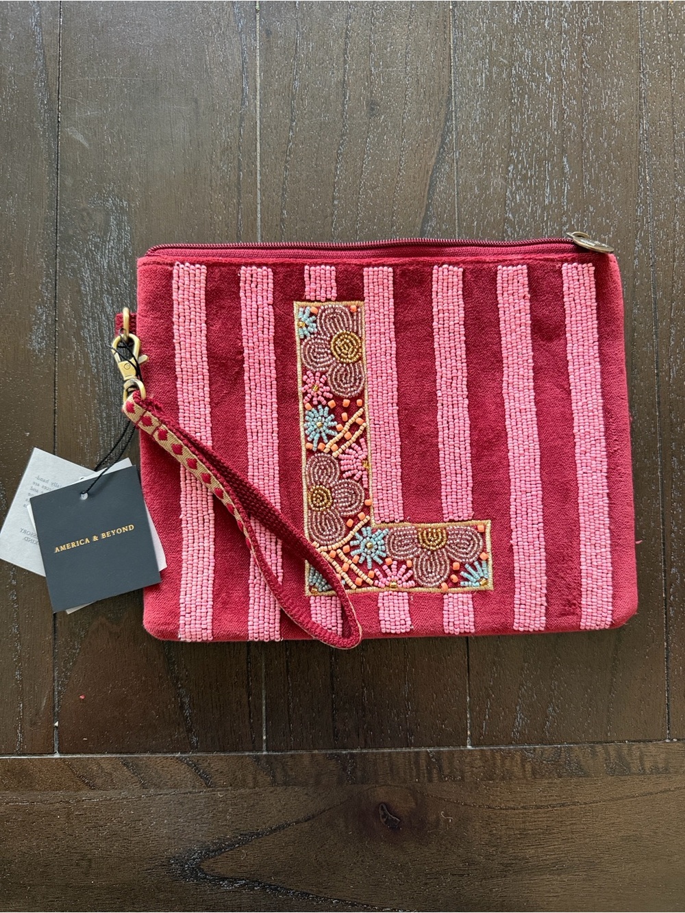 America & Beyond Pink & Red Striped Beaded Initial Wristlet - L